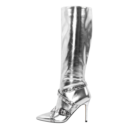 Straps Knee High Metallic Color Boots - Onlymaker Deals