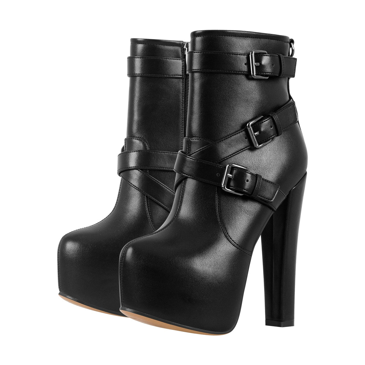 Round Toe Platform Chunky Buckle Zipper Ankle Boots - Onlymaker Latest