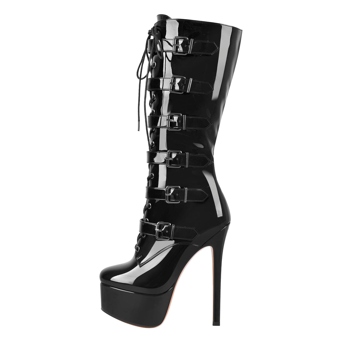 Black Patent Leather Platform Lace Up Knee High Boots - Onlymaker Recommended