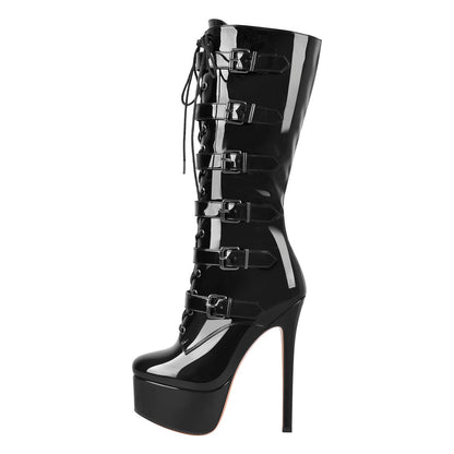 Black Patent Leather Platform Lace Up Knee High Boots - Onlymaker Recommended