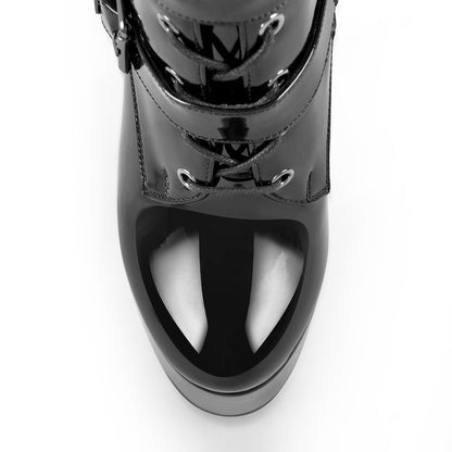 Black Patent Leather Platform Lace Up Knee High Boots - Onlymaker Recommended
