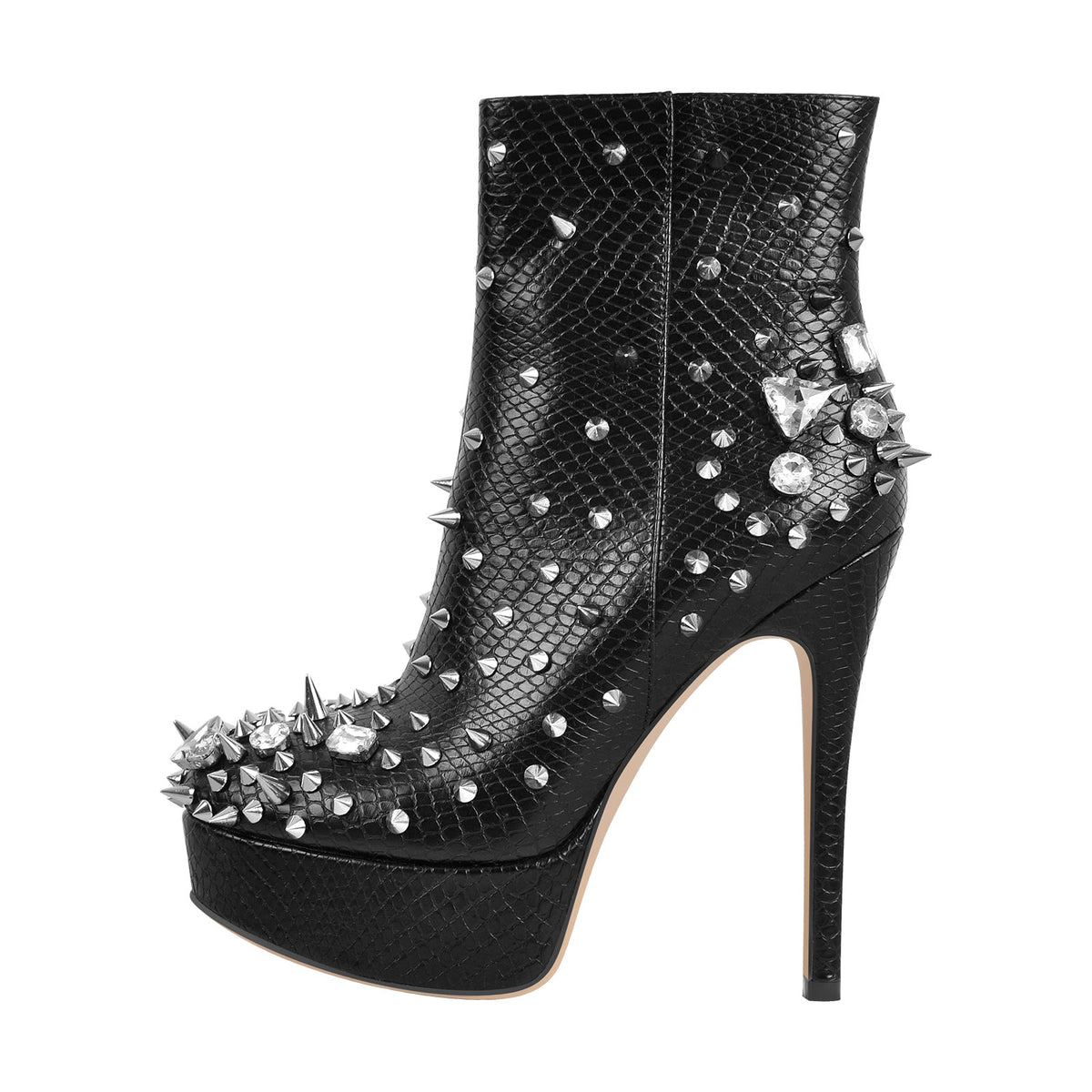 Black Rhinestone Rivet Studded Platform Ankle Boots - Onlymaker Hot Sale