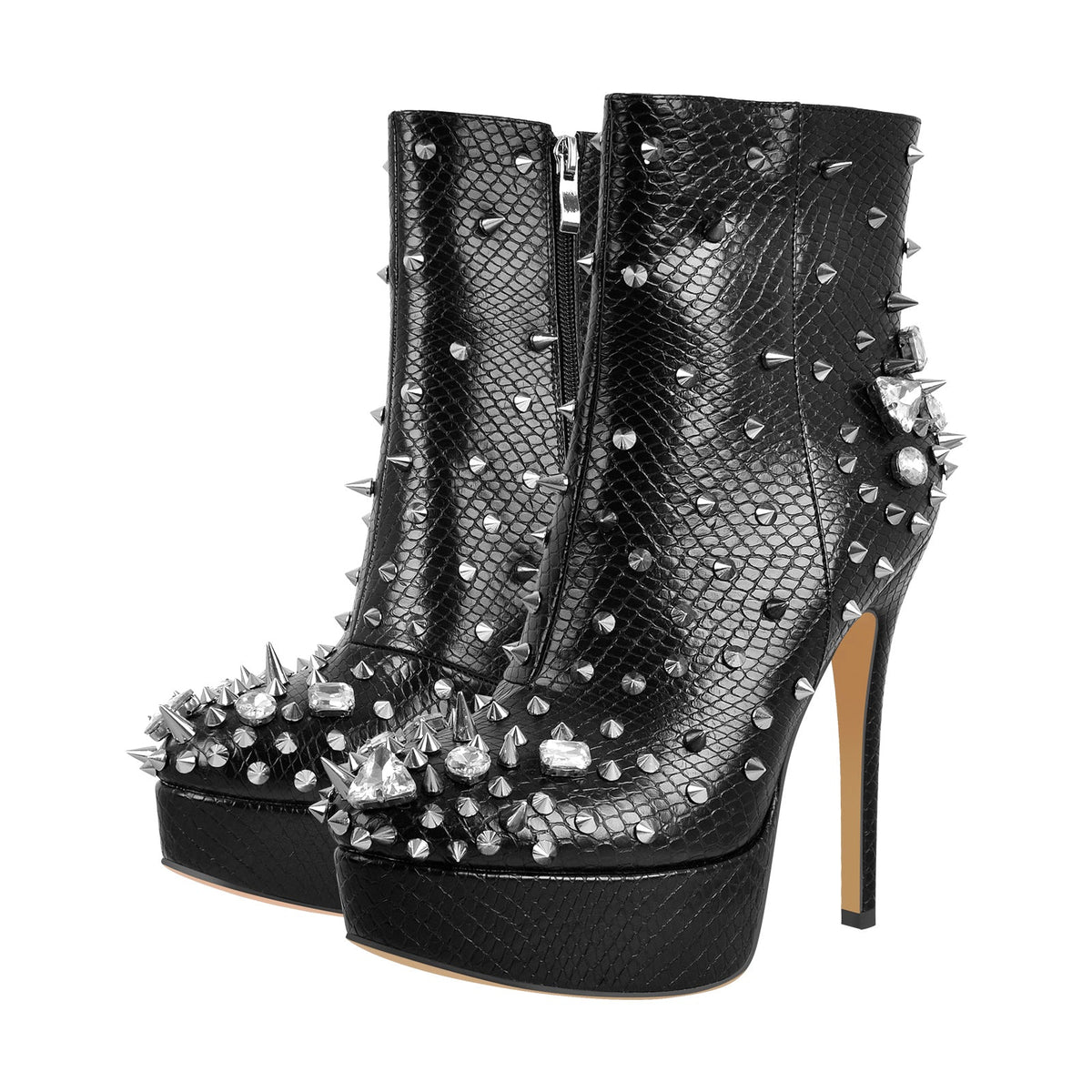 Black Rhinestone Rivet Studded Platform Ankle Boots - Onlymaker Hot Sale