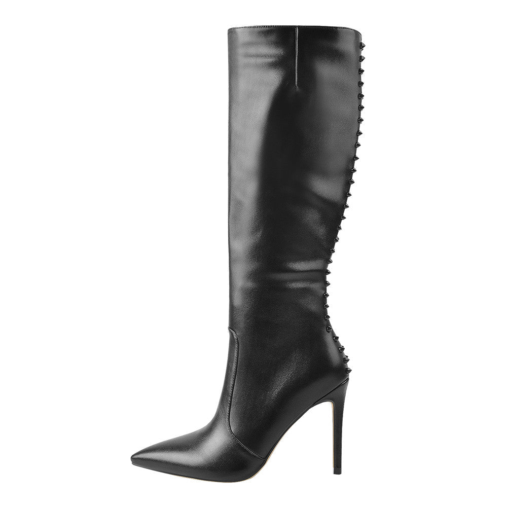 Rivet Pointed Toe Stiletto Knee High Boots - Onlymaker Customer Favorite