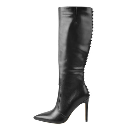 Rivet Pointed Toe Stiletto Knee High Boots - Onlymaker Customer Favorite