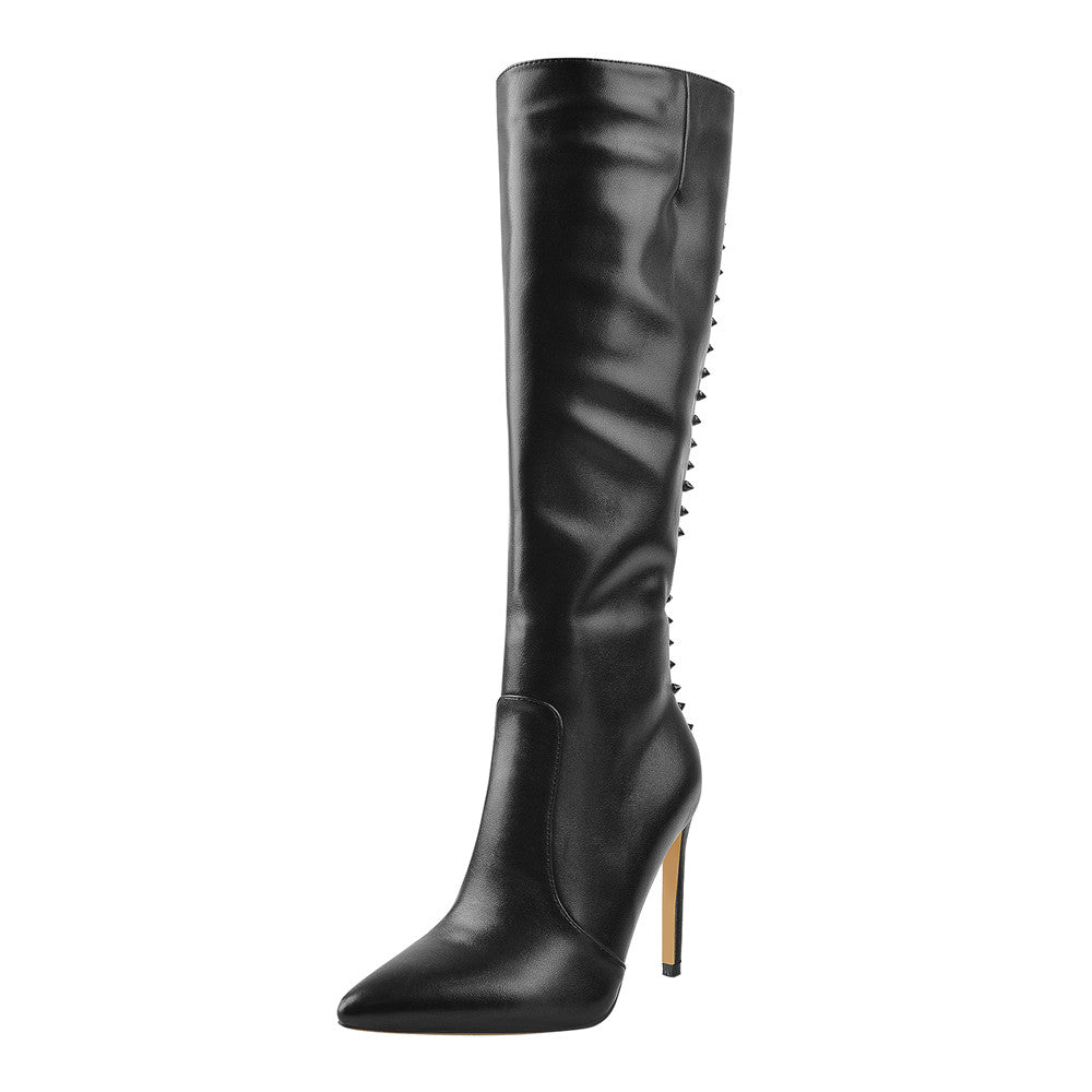 Rivet Pointed Toe Stiletto Knee High Boots - Onlymaker Customer Favorite