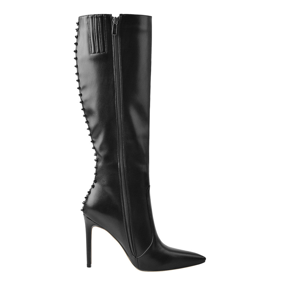 Rivet Pointed Toe Stiletto Knee High Boots - Onlymaker Customer Favorite