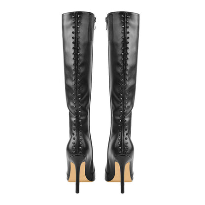 Rivet Pointed Toe Stiletto Knee High Boots - Onlymaker Customer Favorite