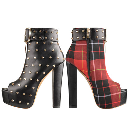 Peep Toe Rivet Leather Canvas Stitching Platform Chunky High Heel Boot - Onlymaker Hot Sale