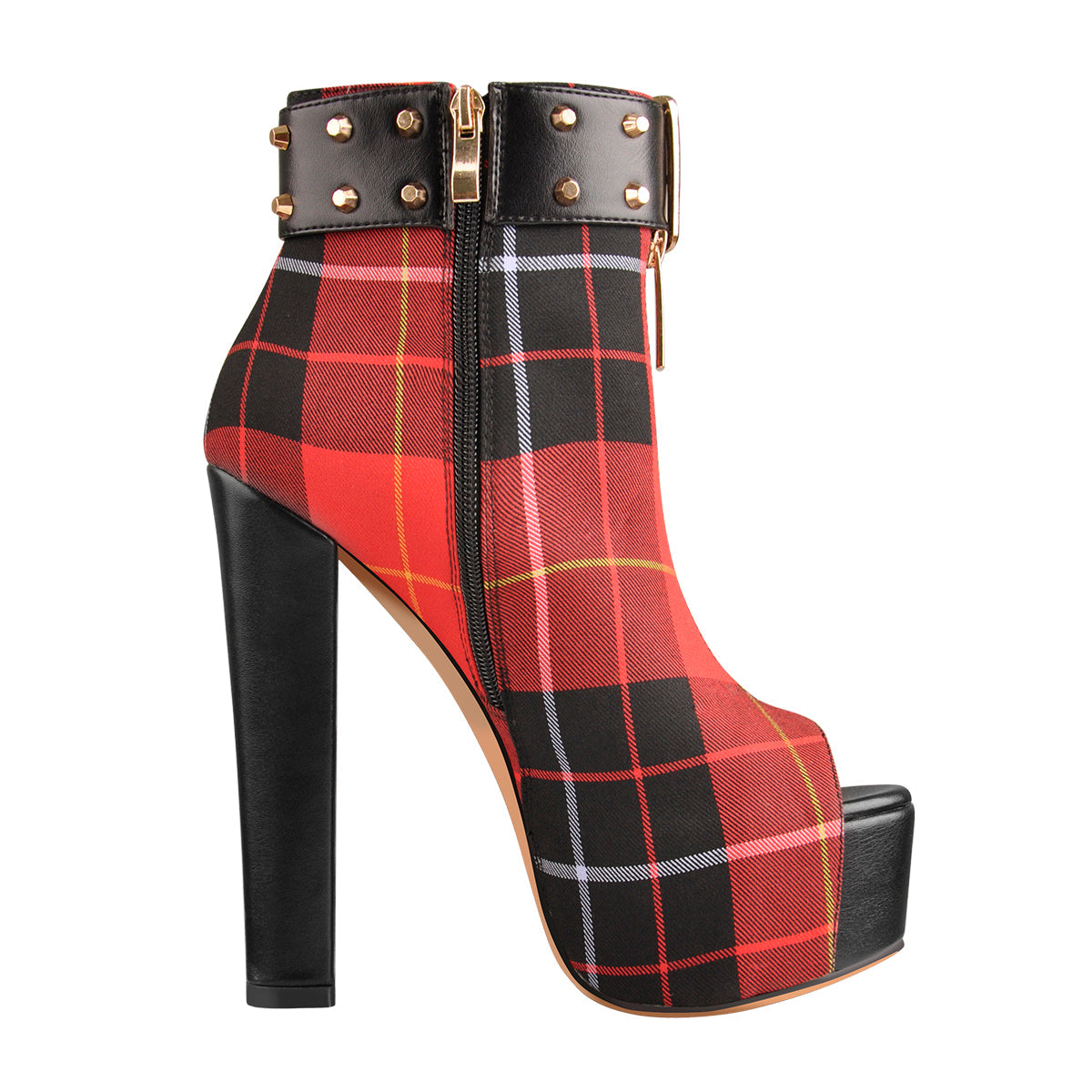 Peep Toe Rivet Leather Canvas Stitching Platform Chunky High Heel Boot - Onlymaker Hot Sale