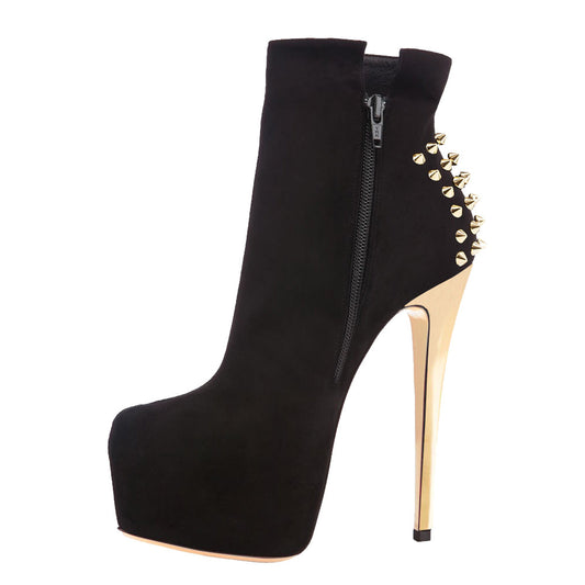 Black Suede Platform Golden Rivet Stiletto High Heel Ankle Boots - Onlymaker Everyday