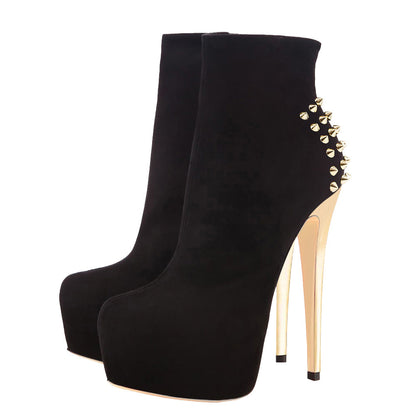 Black Suede Platform Golden Rivet Stiletto High Heel Ankle Boots - Onlymaker Everyday