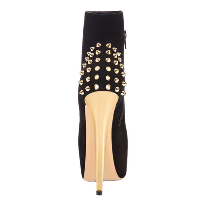 Black Suede Platform Golden Rivet Stiletto High Heel Ankle Boots - Onlymaker Everyday