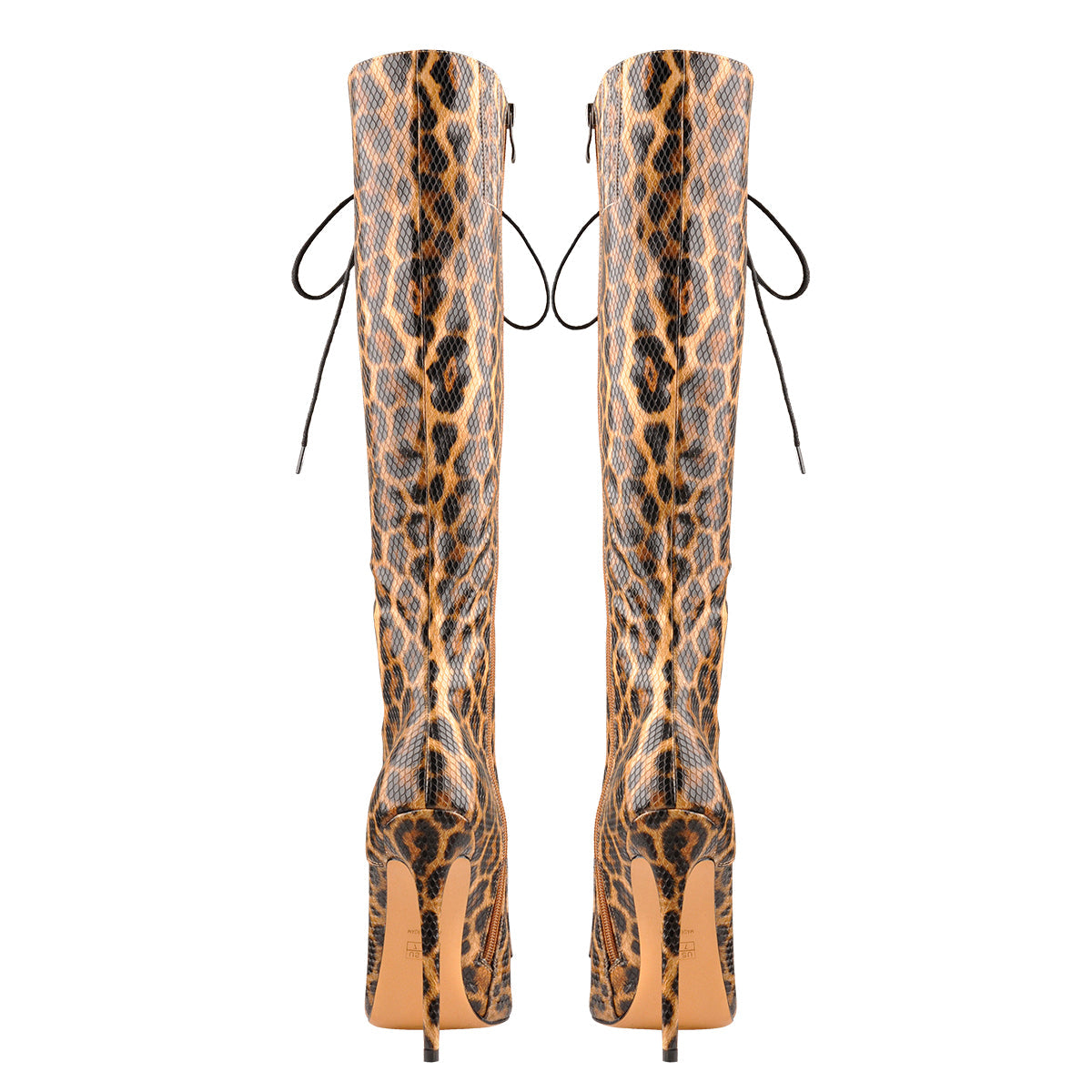 Lace up Leopard Pointed Toe Knee High Boots - Onlymaker Exclusive