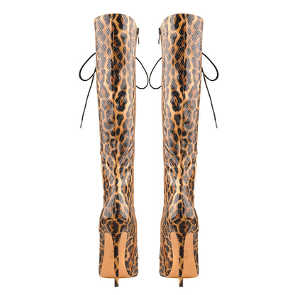 Lace up Leopard Pointed Toe Knee High Boots - Onlymaker Exclusive