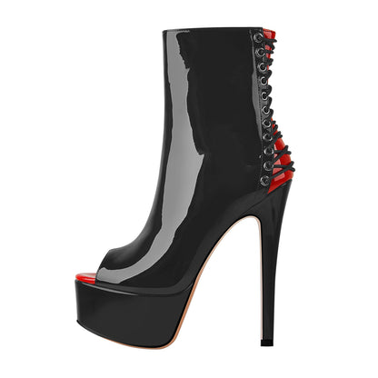 Red Peep Toe Patent Leather Zipper Ankle Boots - Onlymaker Smart Buy