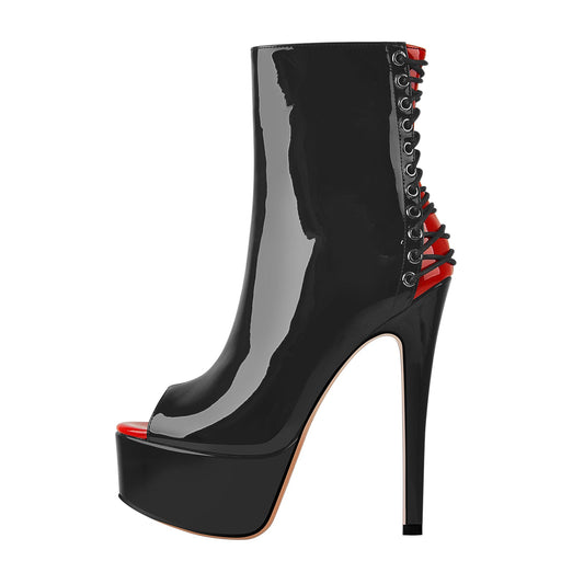Red Peep Toe Patent Leather Zipper Ankle Boots - Onlymaker Smart Buy