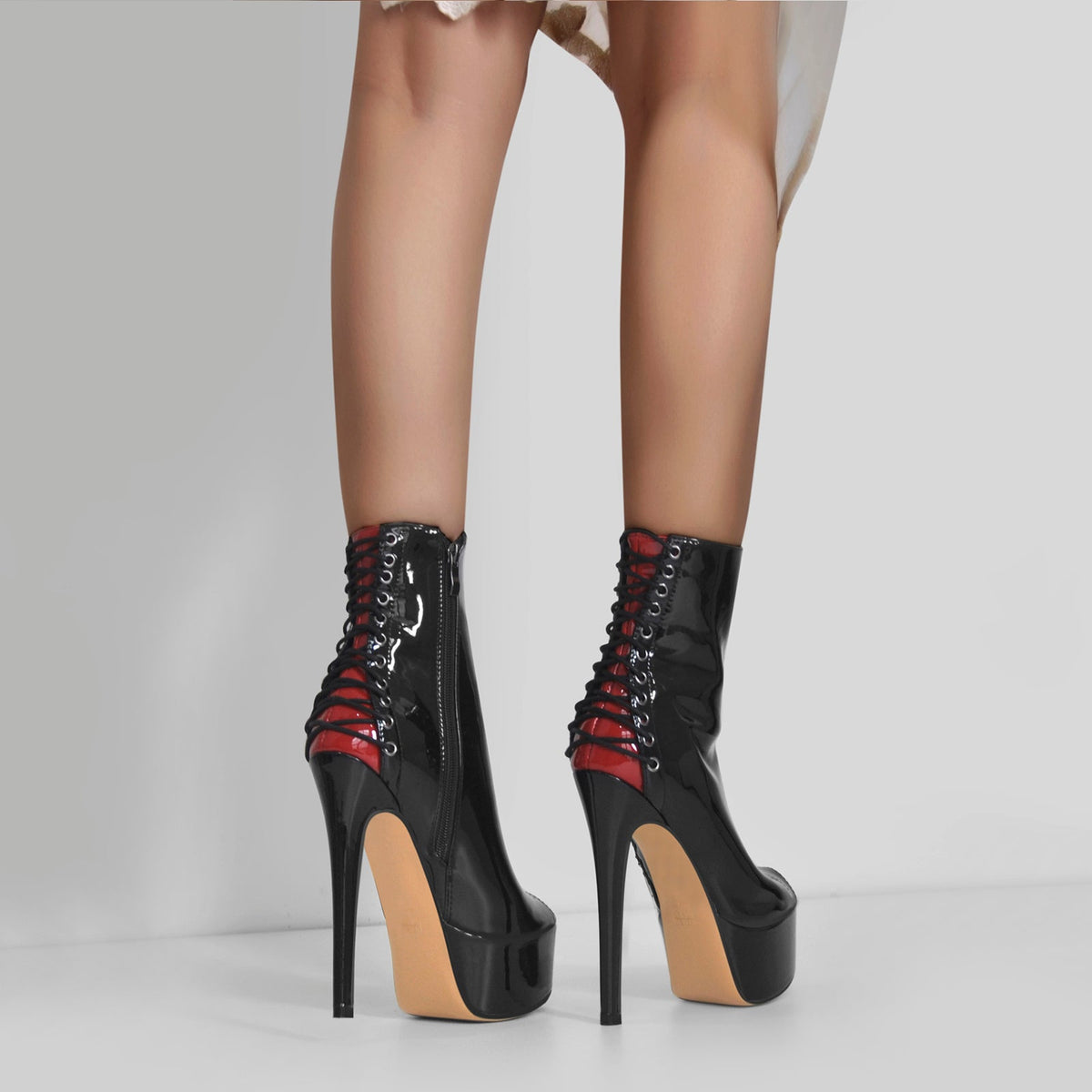 Red Peep Toe Patent Leather Zipper Ankle Boots - Onlymaker Smart Buy