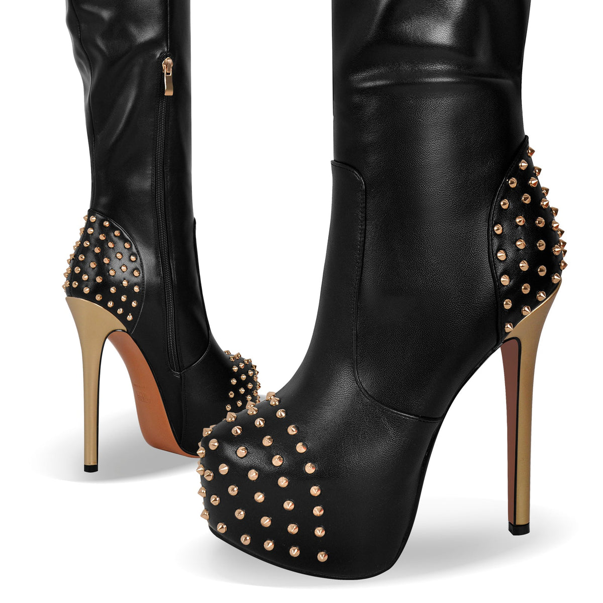 Round Toe Stiletto Rivet Over The Knee Boots - Onlymaker Exclusive