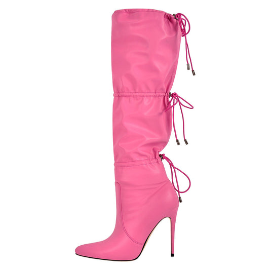 Pointed Toe Lace-up Stiletto Knee High Boots - Onlymaker Great Value