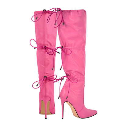 Pointed Toe Lace-up Stiletto Knee High Boots - Onlymaker Great Value
