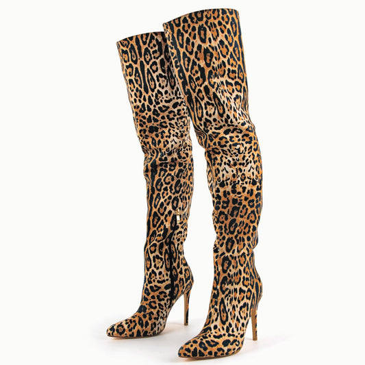 Red Leopard Pointed Toe Over The Knee Stiletto Boots - Onlymaker New
