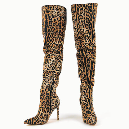 Red Leopard Pointed Toe Over The Knee Stiletto Boots - Onlymaker New