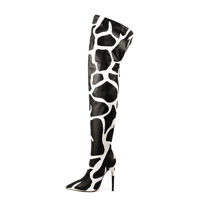 Cow Print Over The Knee Stiletto Boots - Onlymaker Latest