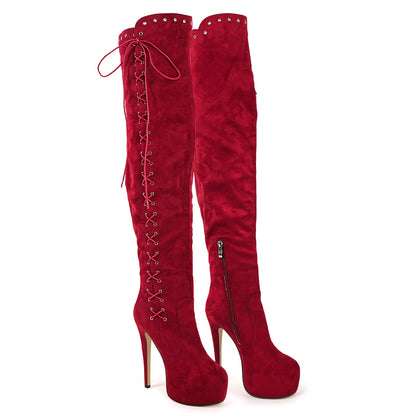 Platform Suede Lace-up Over The Knee Boots - Onlymaker Featured