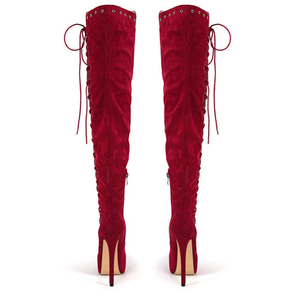 Platform Suede Lace-up Over The Knee Boots - Onlymaker Featured