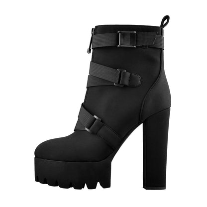 Platform Round Toe Zipper Strap Chunky High Heels Ankle Boots - Onlymaker Best Seller