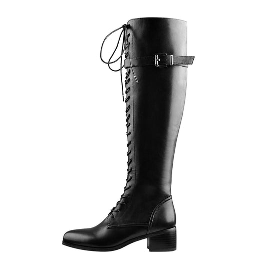 Round Toe Lace Up Sturdy Heel Side Zipper Knee High Boots - Onlymaker New