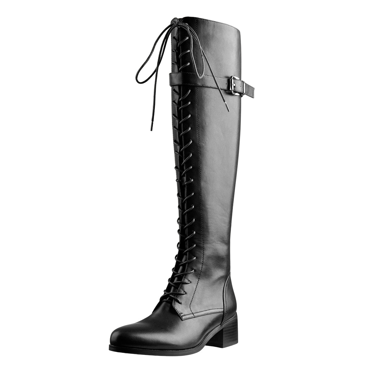 Round Toe Lace Up Sturdy Heel Side Zipper Knee High Boots - Onlymaker New