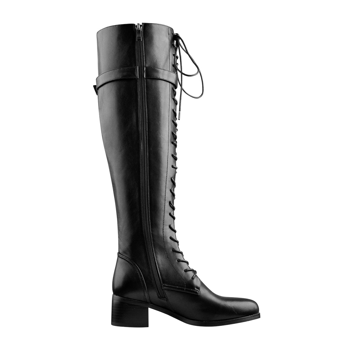 Round Toe Lace Up Sturdy Heel Side Zipper Knee High Boots - Onlymaker New