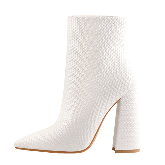 White Woven Pattern Back Zipper Squre Chunky Heel Ankle Boots - Onlymaker Everyday