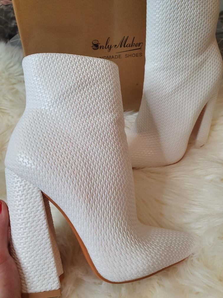 White Woven Pattern Back Zipper Squre Chunky Heel Ankle Boots - Onlymaker Everyday