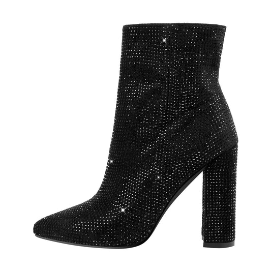Pointed Toe Rhinestone Chunky Heel Ankle Boots - Onlymaker Featured
