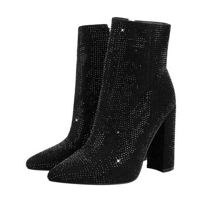 Pointed Toe Rhinestone Chunky Heel Ankle Boots - Onlymaker Featured
