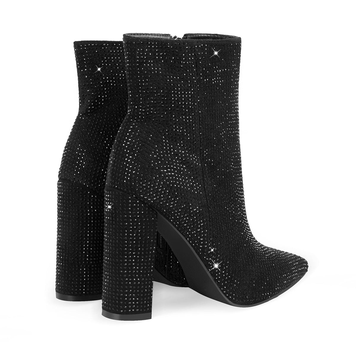 Pointed Toe Rhinestone Chunky Heel Ankle Boots - Onlymaker Featured
