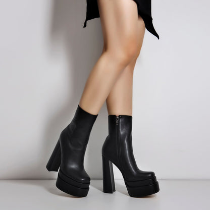 Square Toe Black Double Platform Block Heel Boots - Onlymaker Deals
