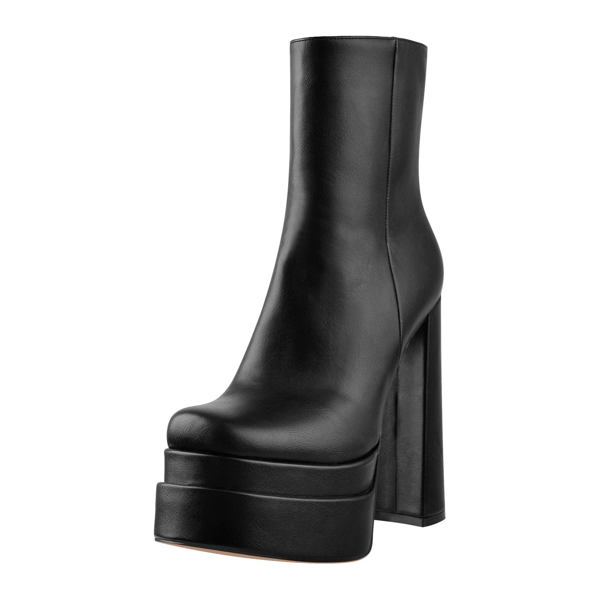 Square Toe Black Double Platform Block Heel Boots - Onlymaker Deals