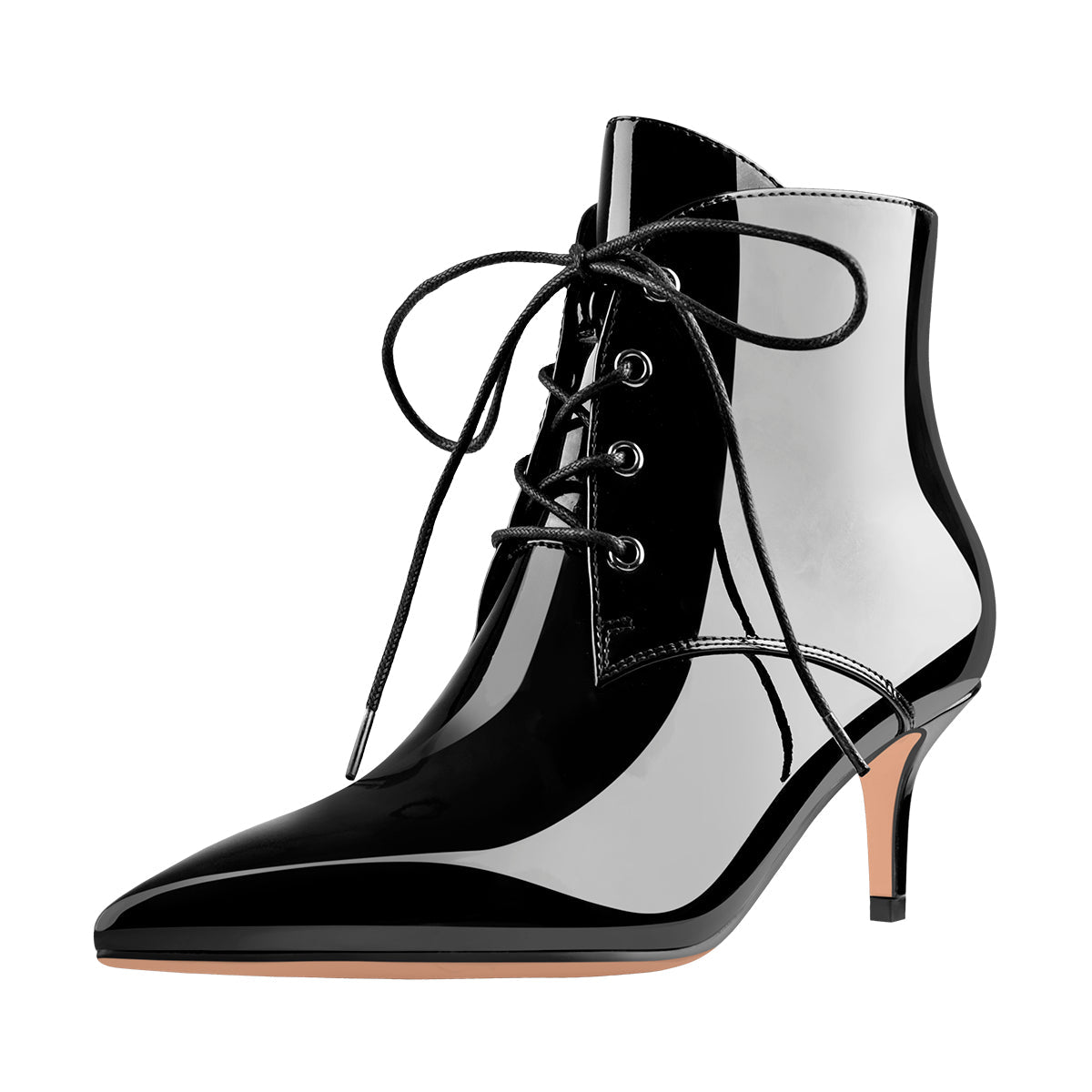 Patent Leather Pointed Toe Lace-up Kitten Low Heel Booties - Onlymaker Everyday