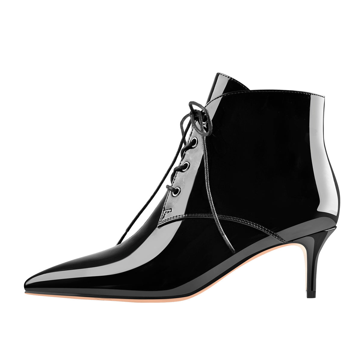 Patent Leather Pointed Toe Lace-up Kitten Low Heel Booties - Onlymaker Everyday