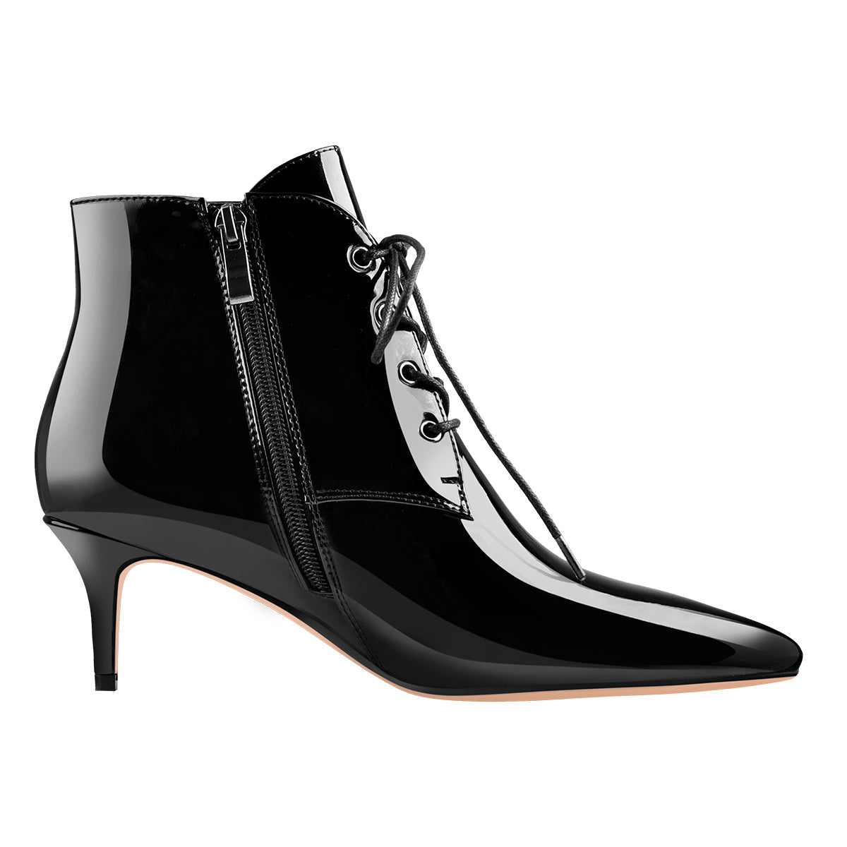 Patent Leather Pointed Toe Lace-up Kitten Low Heel Booties - Onlymaker Everyday