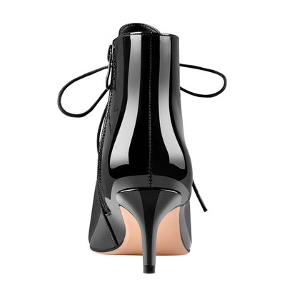 Patent Leather Pointed Toe Lace-up Kitten Low Heel Booties - Onlymaker Everyday