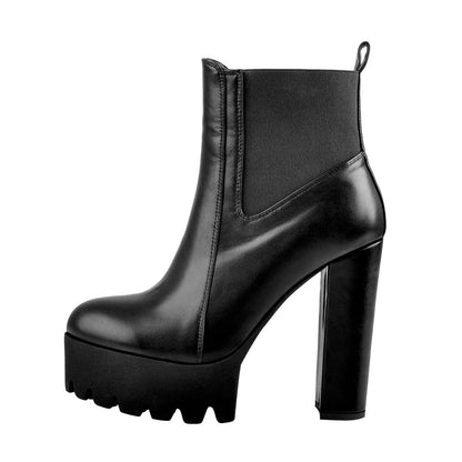 Round Toe Black Matte Leather Platform Chunky High Heel Ankle Boots - Onlymaker Best Seller