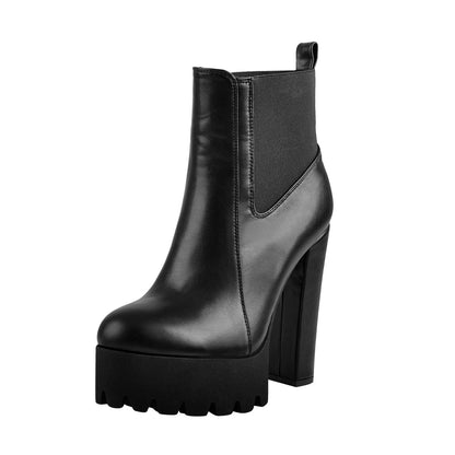 Round Toe Black Matte Leather Platform Chunky High Heel Ankle Boots - Onlymaker Best Seller