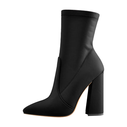 Pointed Toe Minimalistic Stretch Block High Heels Ankle Booties - Onlymaker Best Price
