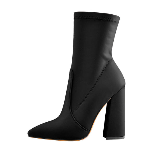 Pointed Toe Minimalistic Stretch Block High Heels Ankle Booties - Onlymaker Best Price