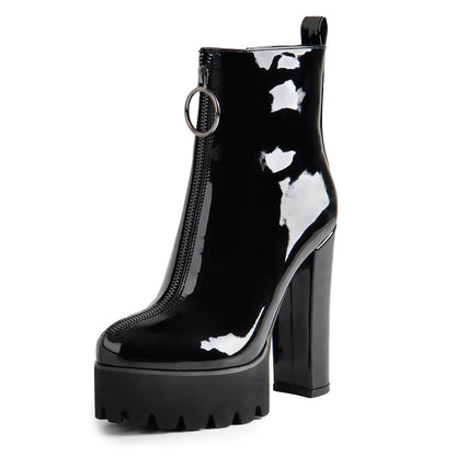 Round Toe Black Patent Leather Platform Chunky High Heel Ankle Boots - Onlymaker Featured